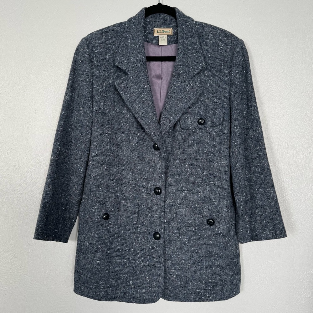 LL Bean Coat Women Size 12‎ Blue Tweed Wool Lined 3 Button Vintage Academia